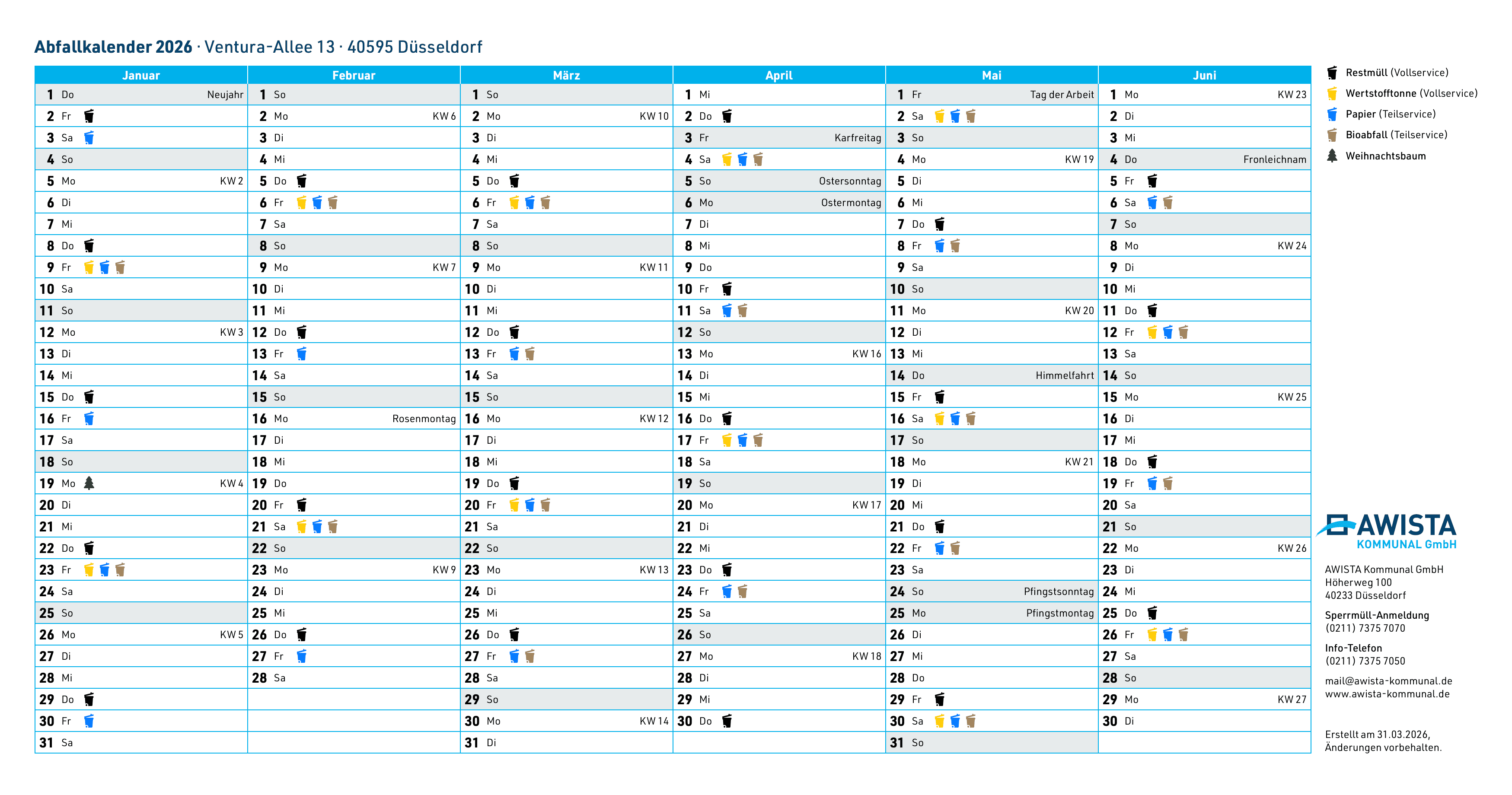 The printable version of the AWISTA Düsseldorf waste calendar