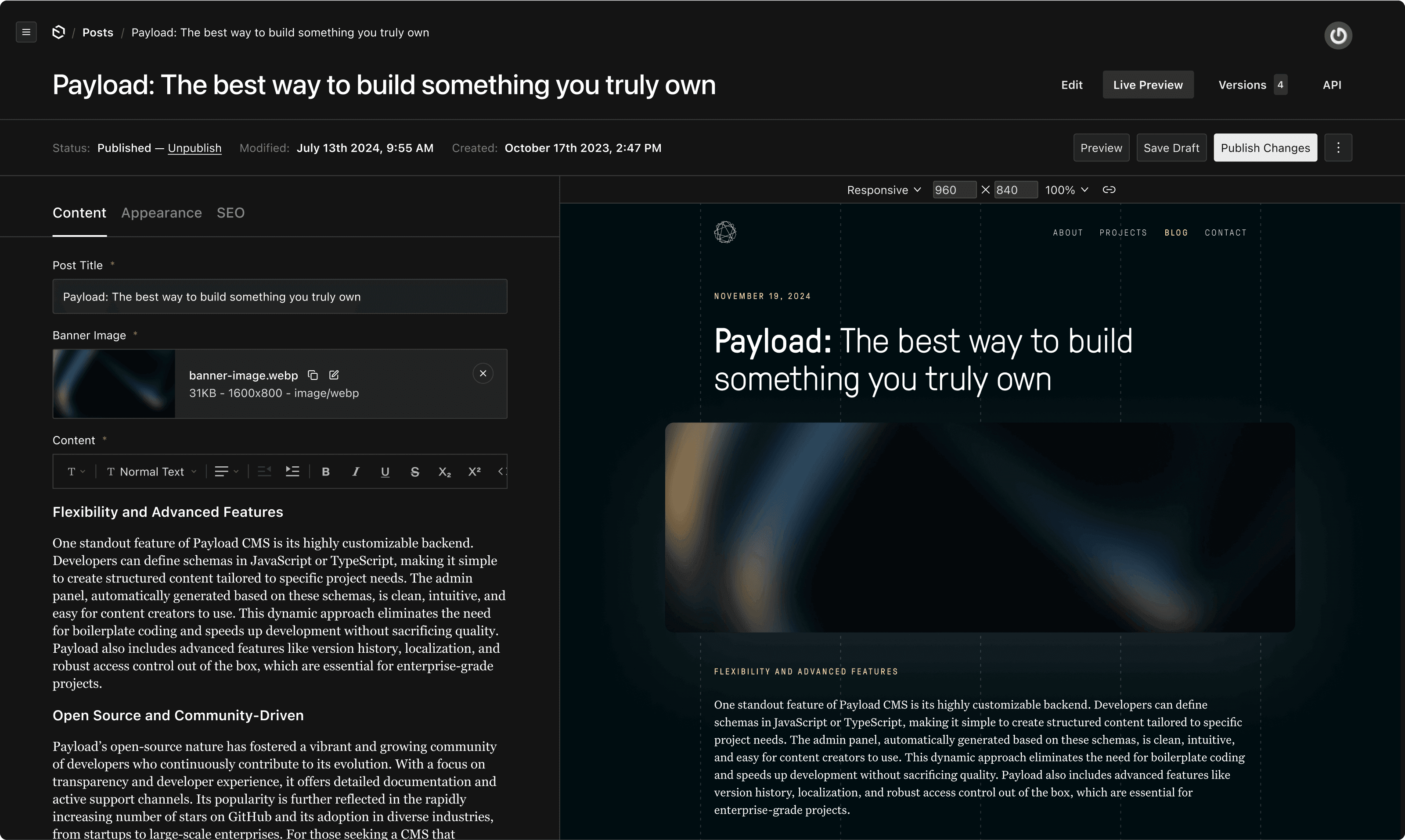 Benutzeroberfläche von Payload